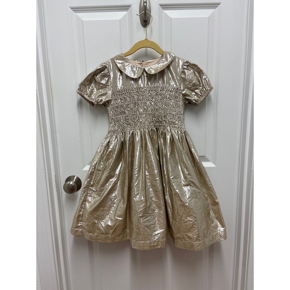 Mini Boden Girls Gold Metallic Smocked Peter Pan Collar Party Dress 8-9Y Holiday